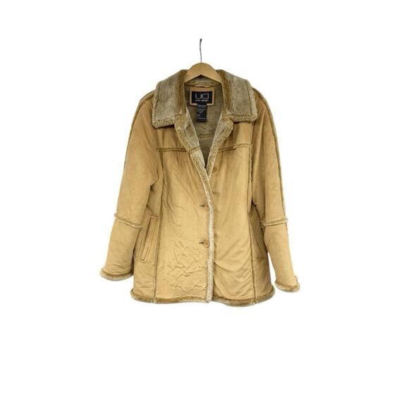 UD Utex Vegan Tan Faux Suede Leather Fur Coat Hooded Shawl Collar Womens Large - Picture 1 of 8